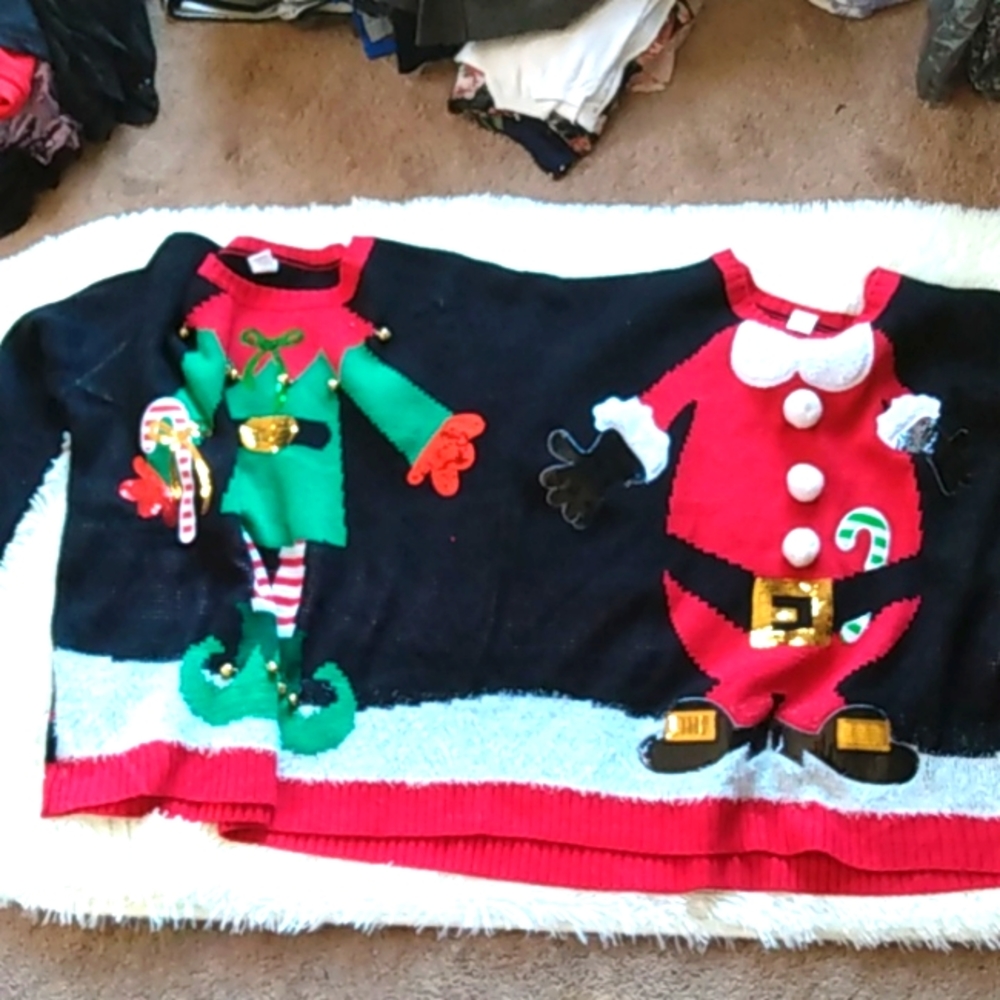 Two person Christmas holiday sweater elf Santa Claus